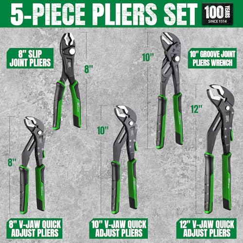 SK 5-Piece Pliers Set, 8" Adjustable Joint, 8", 10" and 12" Quick Adjust V-Jaw Groove Joint, 10" Pliers Wrench, Premium CR-V Construction, with EVA Foam Tool Organizer