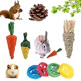 8 Juguetes para Masticar Bien Combinados - proporciona mucha diversión para tus adorables mascotas. La lista de empaque tiene 1 conos de pino, 4 pasteles de hierba de corazón de sabores, 4 juguetes de lufa, 1 maíz grande, 1 zanahoria blanca de hierba, 1 zanahoria roja de hierba. Tu conejo se divertirá mucho masticándolos.