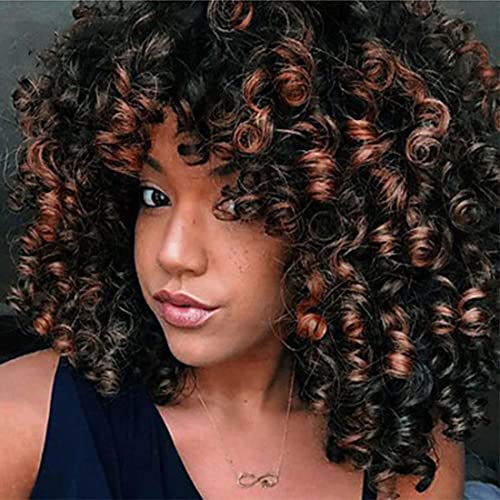 Rogess 15In Curly Afro Wig with Bangs Shoulder Length Wig Short Curly Wigs Curly Ombre Brown Wig Afro Curly Hair Wigs Synthetic Heat Resistant Wig Curly Full Wigs for Black Women