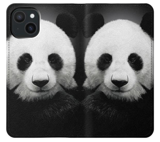Étui iPhone 15 cuir Panda Bear avec rabat pliable style portefeuille rétro