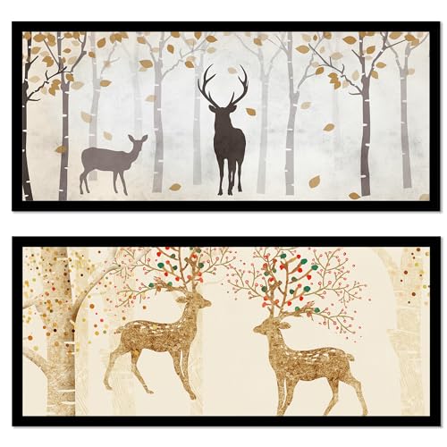 Image of PAINTINGMANTRA Framed Painting Auspicious Dear in the Wood Poster Framed Art Print For Living Room, Decorative Home & Wall Decor - Set Of 2 (Black Frame, 8x18 Inch)