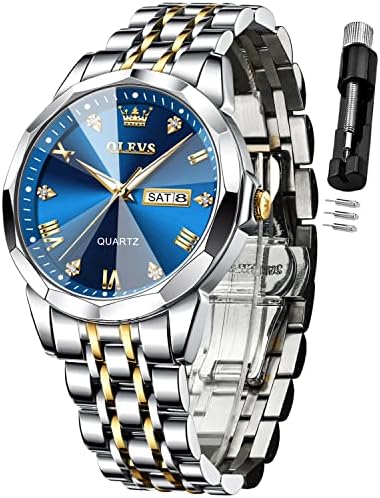 OLEVS Watch for Men Diamond Business Dress Analog Quartz Stainless Steel Waterproof Luminous Date Two Tone Luxury Casual Wrist Watch Blue Men