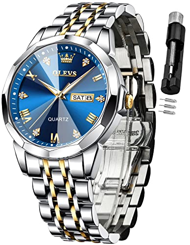 OLEVS Watch for Men Diamond Business Dress Analog Stainless Steel Waterproof Luminous Date Two Tone Luxury Casual Wrist Watch Blue