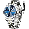 OLEVS Reloj para hombre diamante vestido de negocios analógico cuarzo acero inoxidable impermeable fecha luminosa dos tonos lujo casual reloj de pulsera