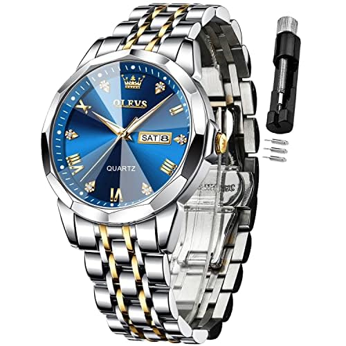 OLEVS Watch for Men Diamond Business Dress Analog Quartz Stainless Steel Waterproof Luminous Date Two Tone Luxury Casual Wrist Watch Blue