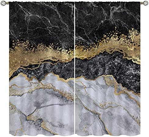 UUZ Black and White Marble Blackout Curtains for Boy Home Decor, Gold Abstract Art Rod Pocket Thermal Drapes Darkening Window Curtain Bedroom Living Room, 42 x 63 Inch