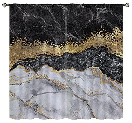 Uuz Black And White Marble Blackout Curtains For Boy Home Decor, Gold Abstract Art Rod Pocket Thermal Drapes Darkening Window Curtain Bedroom Living Room, 42 X 63 Inch #TOP19
