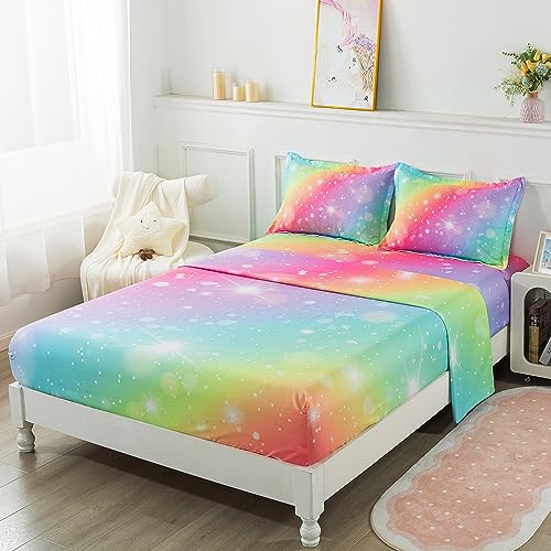 Adasmile A & S KIDS BED SHEETS Rainbow Fitted Sheet For Girls 4 Pieces Rainbow Sheets Full For Kids Tie Dye Pastel Glitter Rainbow Bed Sheet thumb #2