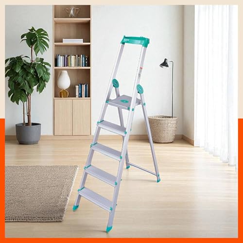 Image of Bathla Elevate 5-Step Foldable Aluminium Ladder for Home with Tool Tray | Anti-Skid | Durable, Heavy Duty, Safe & Stylish | 5-Year Warranty | Teal