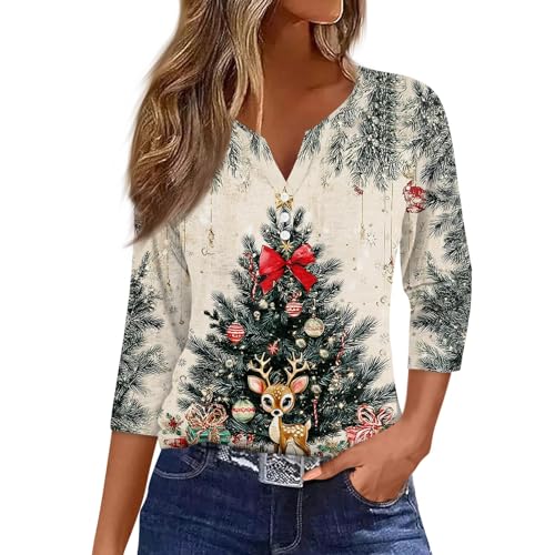 Image of Women Christmas Shirt 3 /4 Length Sleeve Henley Tops Xmas Outfits