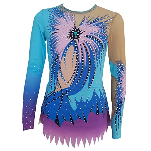 Collant de Ginástica Rítmica Azul Roxo Diamante Manga Longa Meninas Desempenho Competição, Azul, G