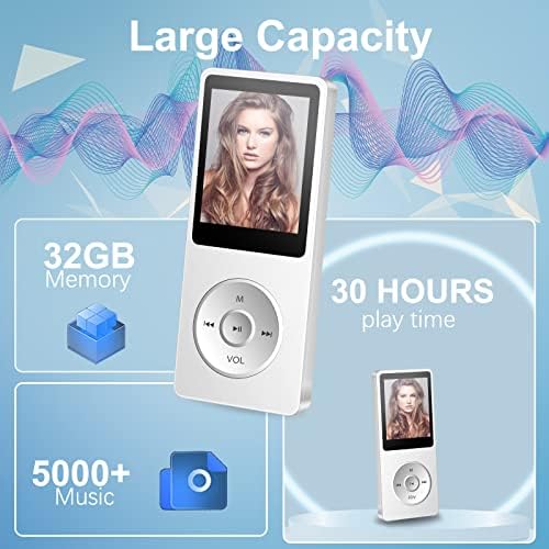 32GB MP3 Player with Bluetooth 4.2, Wodgreat Mini Music Player with Built-in HD Speaker, FM Radio, Voice Recorder, HiFi Sound, E-Book function, Video, Digital MP3 Ideal for Sport, Earphones Included