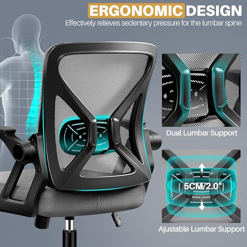 Image of FelixKing Office Chair - Ergonomic Desk Chair Breathable Mesh Task with Wheels and Lumbar Support Home Desk Office Chairs with Flip up Armrest Rolling Swivel for Home Computer Dark Gray