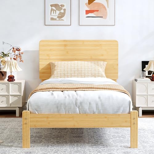 BOSRII 12" Twin XL Bamboo Wood Platform Bed Frame with Headboard, Natural BOSRII 12" Twin XL Bamboo Wood Platform Bed Frame with Headboard, Natural - Image 1