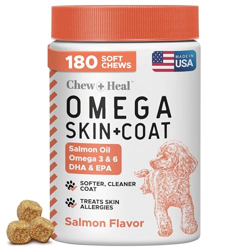 Salmon Oil for Dogs - Soft Chew Omega Treats for Skin and Coat - Fish Oil Blend of Essential Fatty Acids, Omega 3 and 6, Vitamins, Antioxidants and Minerals - Made in USA (180 Chews, Salmon)