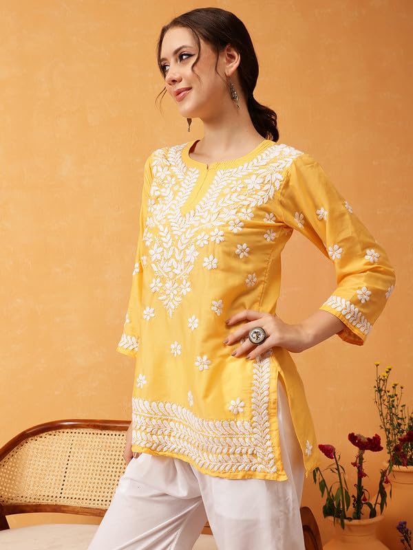 Image of Ada Women's Muslin Straight Fit Tunic Hand Embroidered Lucknowi Chikankari Straight Top Short Kurti A911420