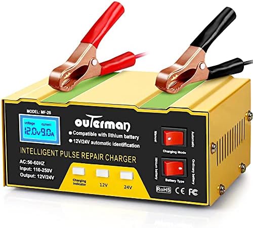 Outerman Car Battery Charger 12V 24V Lithium Battery Charger, Auto Battery Charger Maintainer for Car Boat Motorcycle Lawn Mower Lead Acid Battery or Lithium Battery Capacity: 6AH~105AH