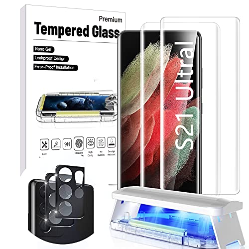 [2+2 Stück]QianShouYan für Samsung Galaxy S21 Ultra 5G 6,8" Displayschutzfolie+Kamera Objektivschutz, 9H gehärtetes Glas,100% Entsperren von Fingerabdrücken, perfekte gebogenen Bildschirm Schutzfilm Cover
