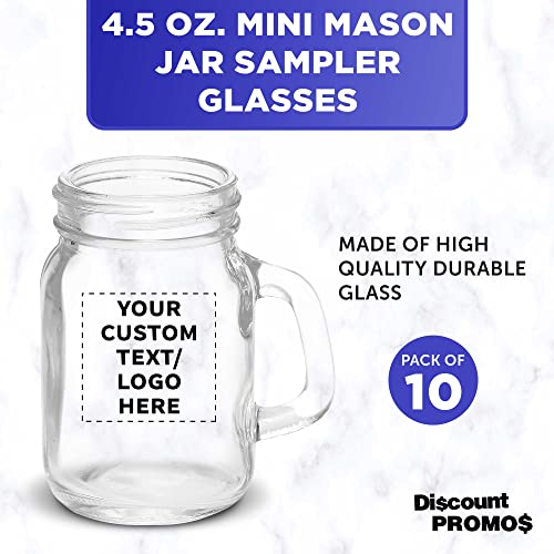 Discount Promos Custom Mason Jar With Handle Set 4.5 Oz. Set Of 10, Personalized Bulk Pack - Sampler Glasses, Glass Jars For Overnight Oats, Candies, Fruits, Pickles, Spices, Beverages - Clear #TOP2