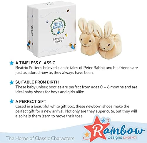 Official Peter Rabbit Baby Booties - Newborn Crib Shoes for Boys and Girls - Unisex Baby Slippers by Rainbow Designs