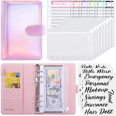 SKYDUE Budget Binder with Cash Envelopes, Purple, A6 Size, 6-Hole, 20-Page Capacity, 8 Dividers, Faux Leather