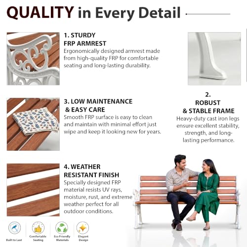 Image of BRISHI 3 Seater Cast Iron FRP Garden Bench for Indoor & Outdoor Park /Patio /Living Room /Terrace /Balcony (White + Brown)