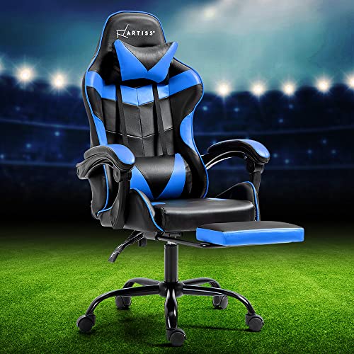 Artiss Gaming Chair Ergonomic Office Chairs Height Adjustable Leather Computer Desk Seat with Lumbar Support Footrest and 135° Recline, High Back and 360°-Swivel Seating Blue for Executive Home