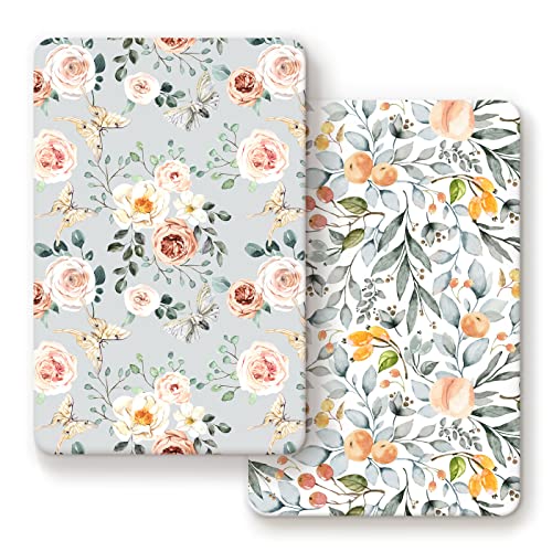 Image of Stretchy Ultra Soft Jersey Knit Fitted Pack n Play Sheets Set 2 Pack, Portable/Mini Crib Sheets for Girls, Watercolor Flowers and Fruits
