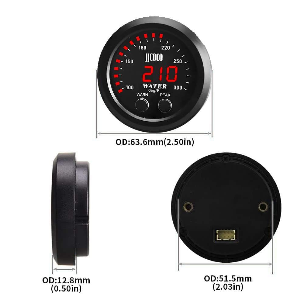 ZHSYMX Universal 52mm Water Temperature Gauge with Alarm and 1/8 NPT Sensor Car Digital Meter Red Display Temp 100-300F(38-150C)