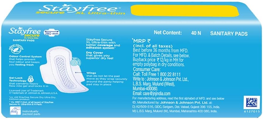 Stayfree Secure XL Ultra Thin Dry Cover Sanitary Pads For Women With Wings, 40 Pads
