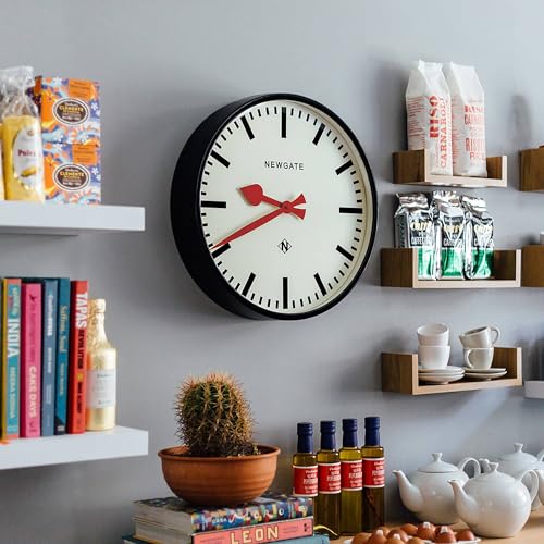 NEWGATE® Putney wall Clock | Large Retro Inspired Modern Station Clock | 18 inch | Deep Gloss Black Metal case with red Hands | Industrial mid-Century Style for Kitchen, Living Room or Office by NEWGATE - Image 4