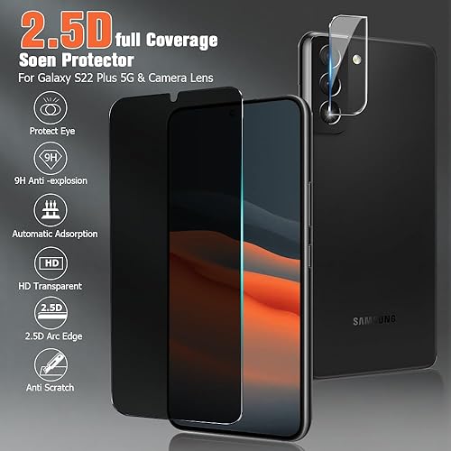 Miniatura 3 de Paquete de 2+2 Protector de pantalla de privacidad para Galaxy S22 Plus 5G (6.6 pulgadas) y protector de lente de cámara, antiespía, desbloqueo de