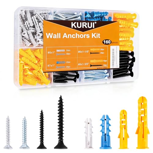 KURUI Drywall Anchors with Screws Kit, 160PCS Plastic Wall Anchors and Galvanized Phillips Head Screws, 4 Sizes for Drywall, Hanging Shelves, Wall Decor, Artwork and Frames, Home Improvement Hardware