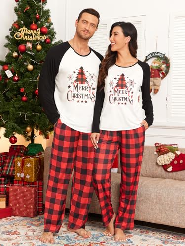 Couples Matching Pajamas Family Christmas Pajamas Set Soft Sleepwear Printed Top and Plaid Pants with Pockets L2