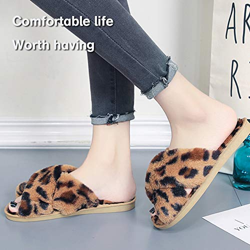 Lzler Women Fuzzy Fluffy Furry Slippers Fur Flip Flop Open Toe Slippers Cross Band Shoes Slides For Ladies House Home Indoor Outdoor(Brown,9) #TOP1