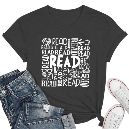 Image of Reading Teacher Shirt Women-Cute Read More Books Short Sleeve Library Book Lovers Daisy Tee Tops