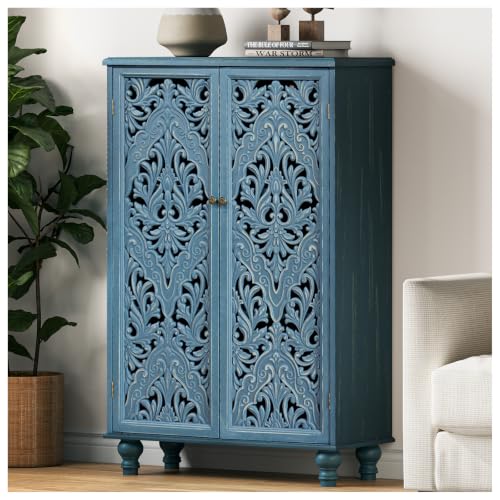 47 Boho Navy Mandala Accent Cabinet with Storage