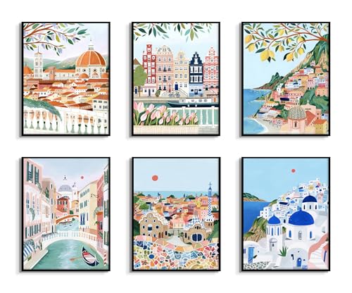 Zeredi Vintage Travel City Posters Wall Art Set of 6,