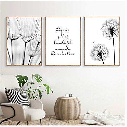 Cita de Lienzo - Lámina en Blanco y Negro de Diente de León - Pintura Nórdica - Cartel Arte de Pared para Dormitorio - 50x70cm Sin Marco