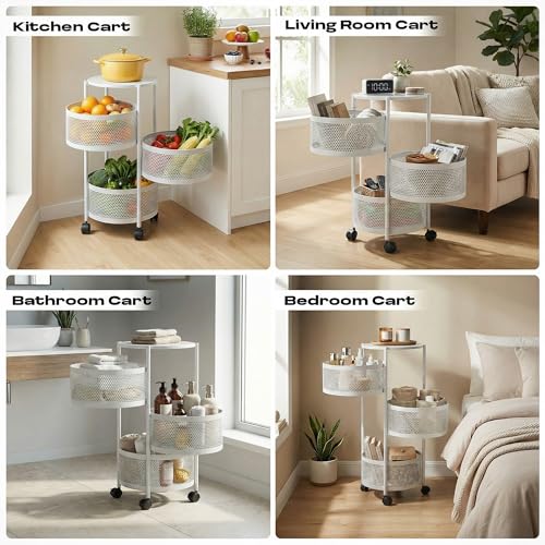 Image of Metal Multi-Purpose Trolley Kitchen Storage Organizer Rack Stand with 360 Wheels | 3 Layer Round Design | Kitchen Accessories Items for Fruit Vegetable Onion Rack for Kitchen (White)