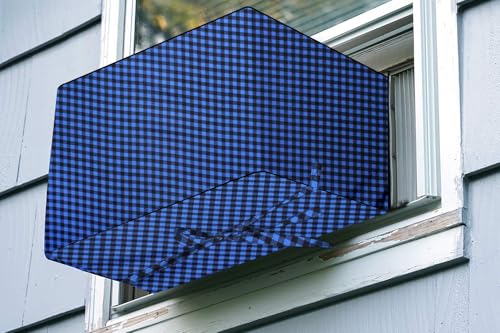 Image of The Furnishing Tree Elastic fit waterproof Polyester window ac cover suitable for Croma 1.5 Ton, Dustproof cover for inner and outer section, In CM: (62.23x66.04x43.18), Checkered Pattern Blue