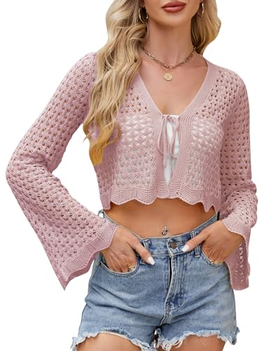 Image of Women's Soft Crochet Tie Front Cardigan Cropped Knit Bolero Shrug Summer Beach Cover Up Top