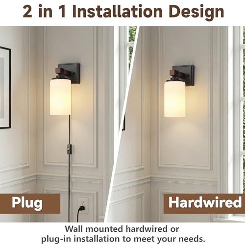 Image of Plug in Wall Sconces Set of 2, Rustic Wall Light with On /Off Switch, 2-in-1 | Plug Farmhouse Wall Lamps with White Glass Shade for Bedroom Living Room Hallway, Faux Brown Wood Grain, E26(Bulb Not Includ)