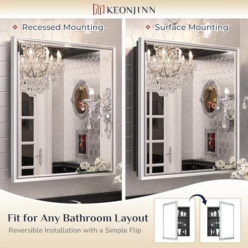 Keonjinn 60” x 30” Brushed Nickel Medicine Cabinets for Bathroom with Mirror Recessed or Surface Wall-Mounted Aluminum Alloy Framed Beveled Mirror with Soft Close Hinge, 3 Doors Silver Storage Cabinet