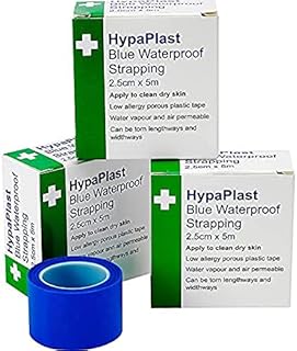 HypaPlast Blue Waterproof First Aid Tape for securing Plasters and Dressings, 2.5 cm x 5m, Pack of 3 Rolls