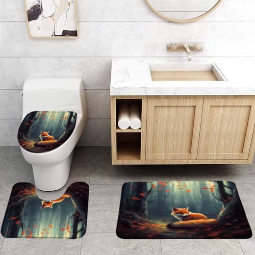 Fox 3 Pcs Bath Rugs Set,Misty Forest Cute Wild Animal Farmhouse Country Bathroom Kitchen Rug with 16