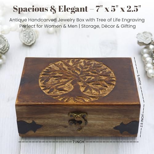Image of Handmade Wooden Jewelry Box with Tree of Life Engraving - Antique Handcarved Keepsake Organizer for Women & Men | Solid Wood Storage Box for Jewelry, Trinkets, Gifts & Home Decor
