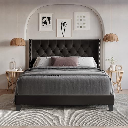 HOME DESIGN Homer King Tufted Wingback Upholstered Panel Bed, Brown