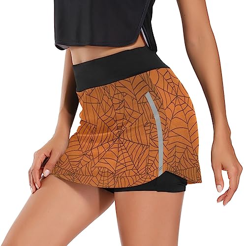 Saias de tênis femininas de teia de aranha laranja com bolsos P-2GG, Teia de aranha laranja, M