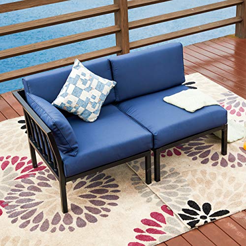 Lokatse Home 2 Piece Patio Furniture Corner Sofa Sectional Outdoor Loveseat Armchiar And Armless Sets Metal Steel Frame With Comfy Cushions, Blue #TOP5